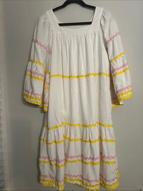 Lisa Marie Fernandez White Tiered Dress with Pink & Yellow Ric-Rac